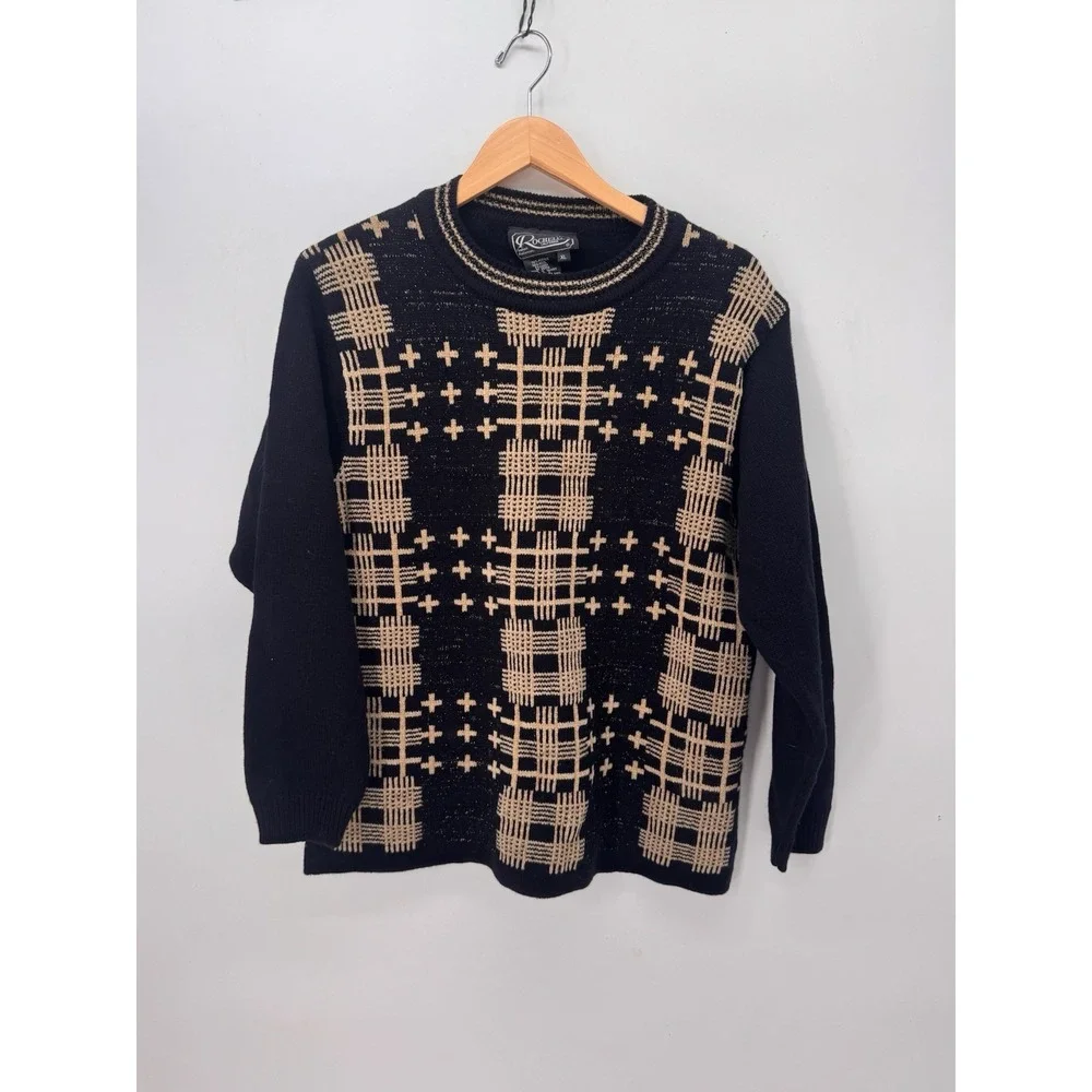 Vintage Rochelle California Sweater Womens XL Black Tan Plaid Wool Blend 80s